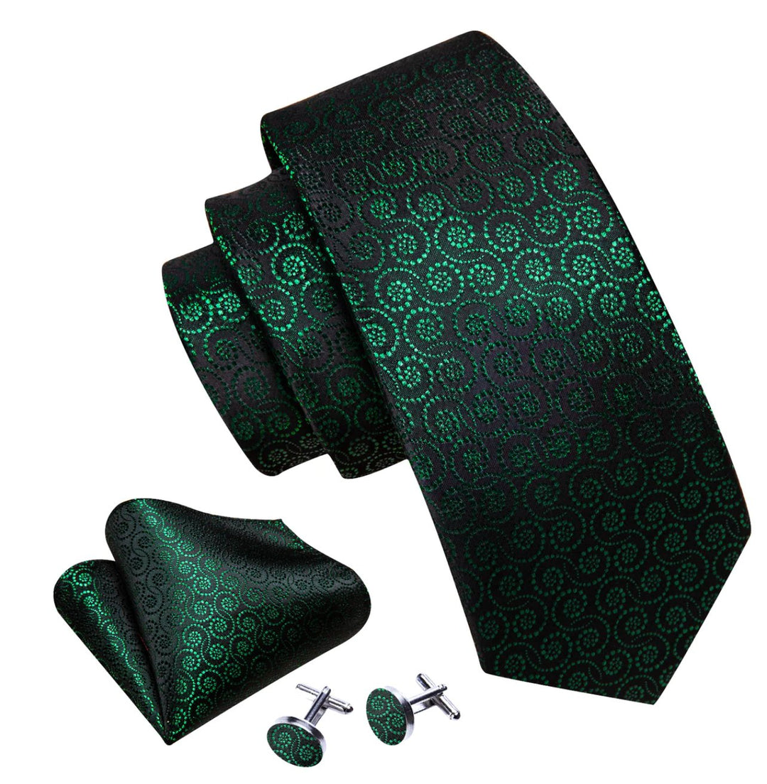 Novetly Green Floral Silk Tie Handkerchief Cufflinks Set- N6551 - SimonVon Shop