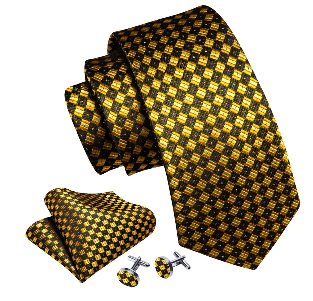 Novetly Yellow Black Plaid Silk Tie Handkerchief Cufflinks Set- N-6140 - SimonVon Shop