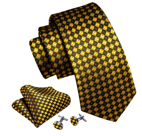 Novetly Yellow Black Plaid Silk Tie Handkerchief Cufflinks Set- N-6140 - SimonVon Shop
