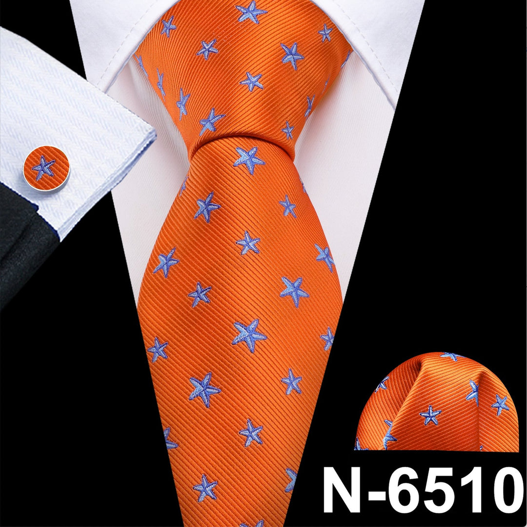 Orange Blue Star Silk Tie Pocket Square Cufflinks Set- N-6510 - SimonVon Shop