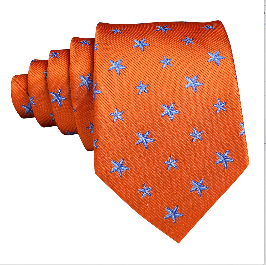 Orange Blue Star Silk Tie Pocket Square Cufflinks Set- N-6510 - SimonVon Shop