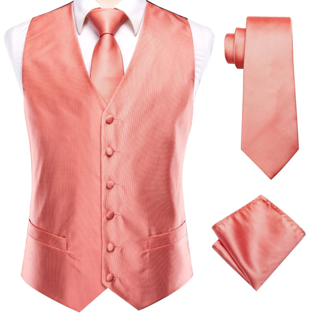 Orange-Pink 4 PC Paisley Silk Waistcoat and Necktie Pocket Square Cufflink Vest Set-MJ-0029 - SimonVon Shop