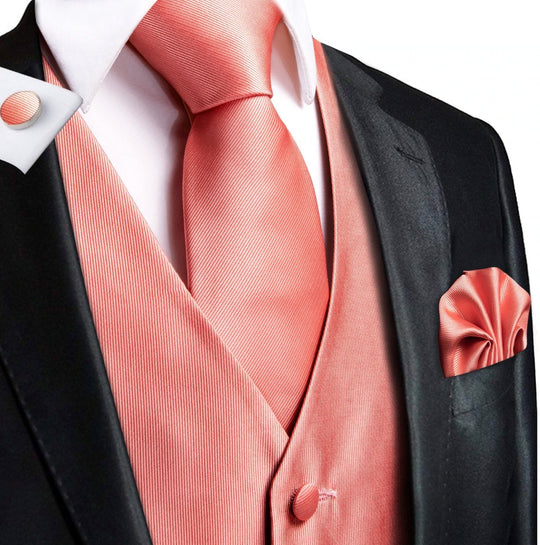 Orange-Pink 4 PC Paisley Silk Waistcoat and Necktie Pocket Square Cufflink Vest Set-MJ-0029 - SimonVon Shop