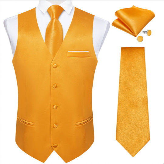 Orange Solid Satin Waistcoat Vest Tie Handkerchief Cufflinks Set-MJ-0649 - SimonVon Shop