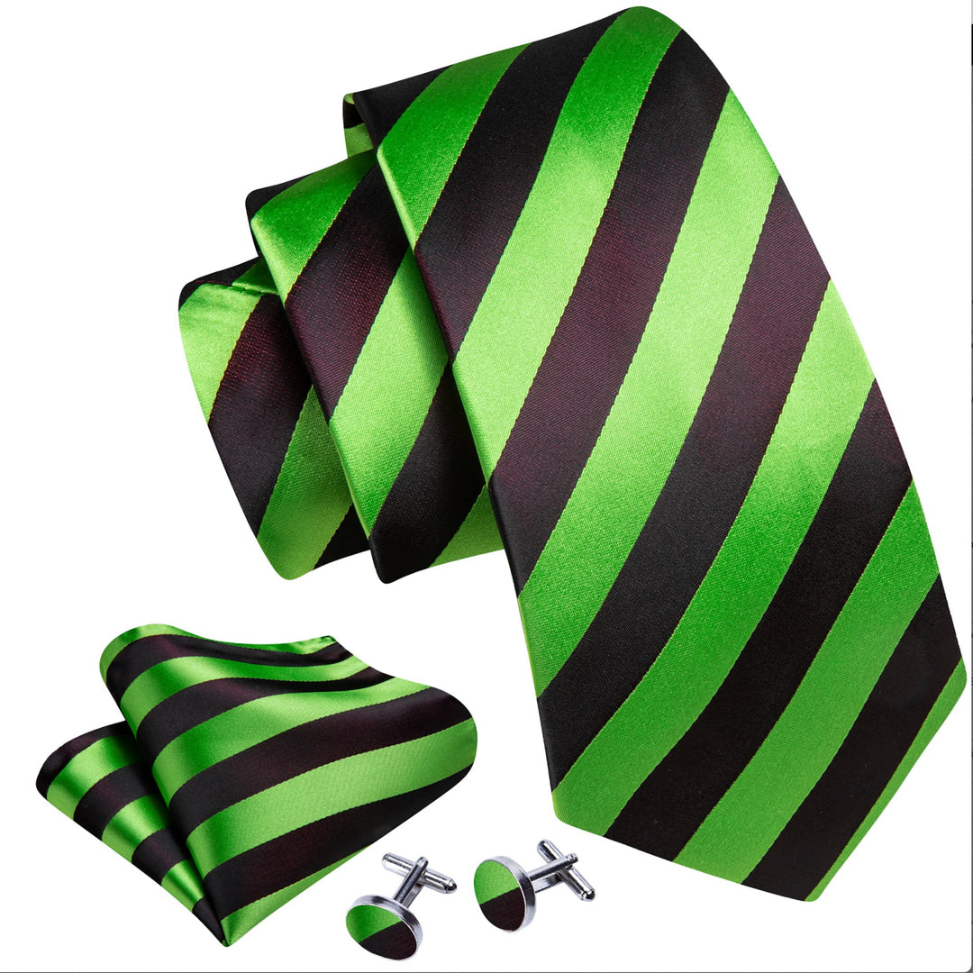 Pea Green Black Striped Silk Tie Handkerchief Cufflinks Set- N-6093 - SimonVon Shop