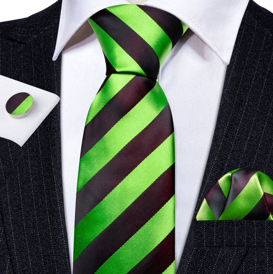 Pea Green Black Striped Silk Tie Handkerchief Cufflinks Set- N-6093 - SimonVon Shop