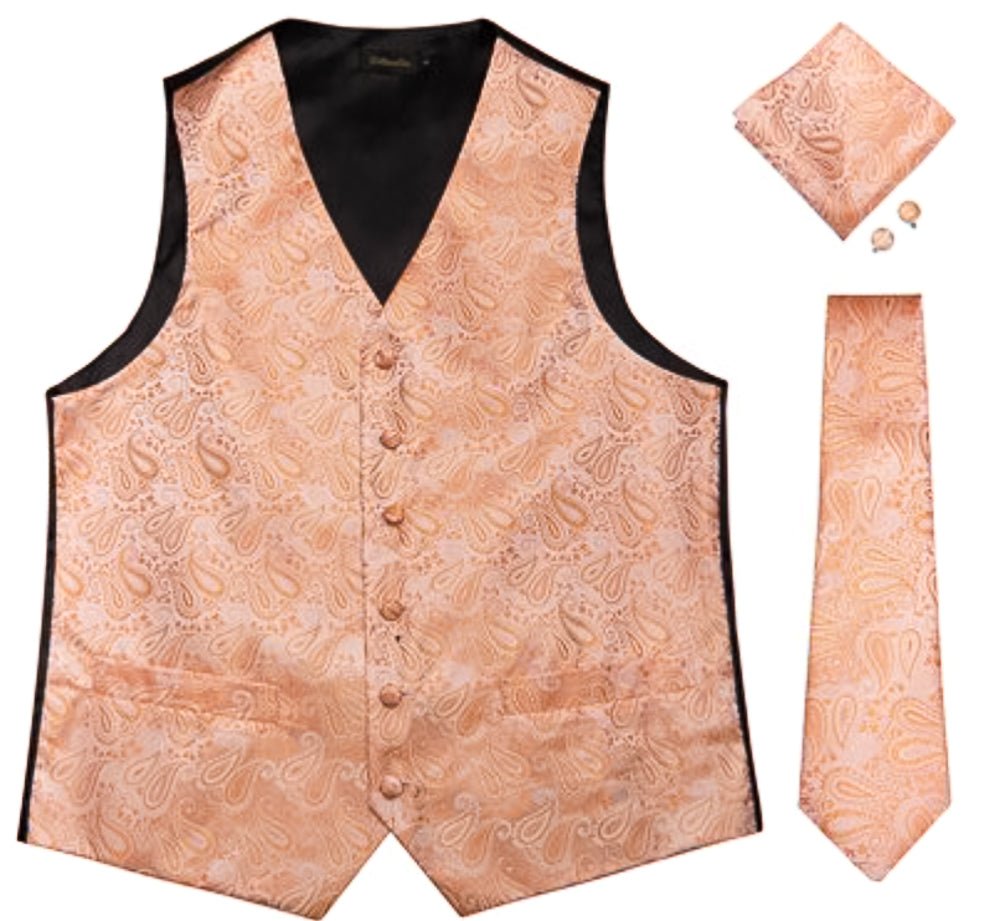 Peach Paisley Waistcoat and Necktie Pocket Square Cufflink Vest Set- MJ-0108 - SimonVon Shop