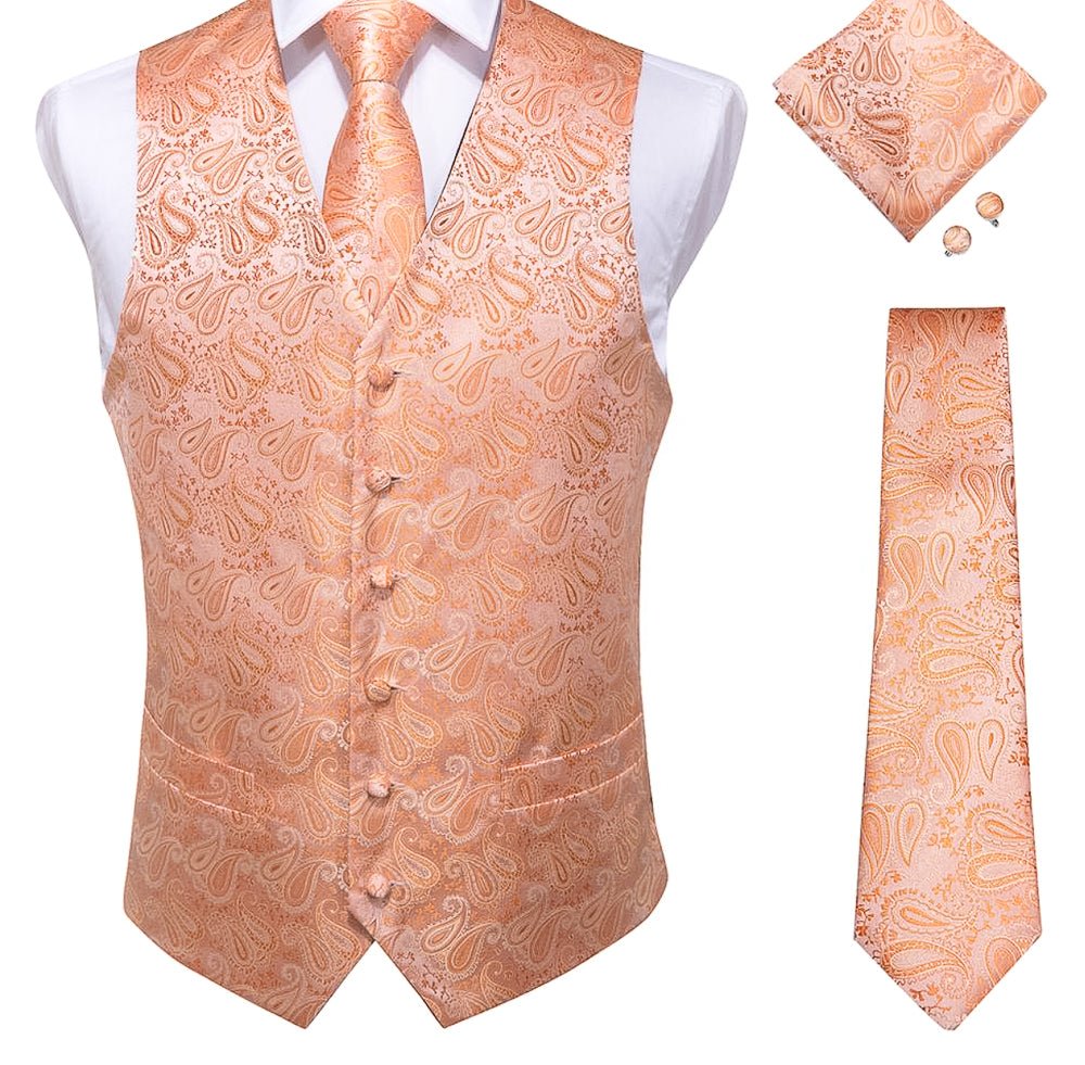 Peach Paisley Waistcoat and Necktie Pocket Square Cufflink Vest Set- MJ-0108 - SimonVon Shop