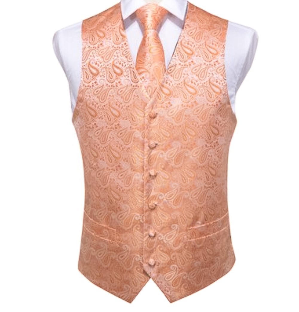 Peach Paisley Waistcoat and Necktie Pocket Square Cufflink Vest Set- MJ-0108 - SimonVon Shop
