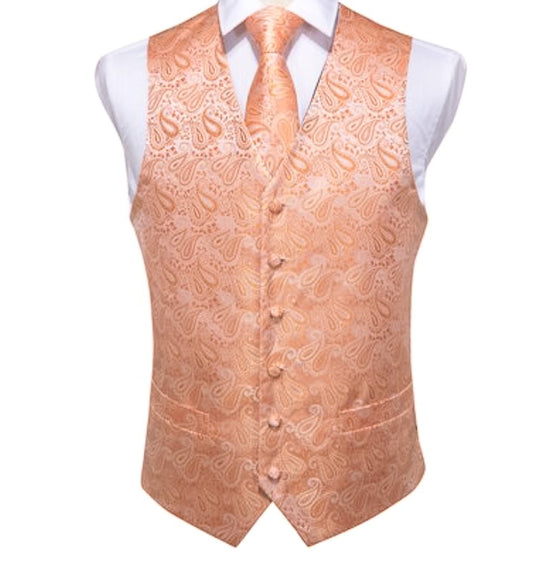 Peach Paisley Waistcoat and Necktie Pocket Square Cufflink Vest Set- MJ-0108 - SimonVon Shop