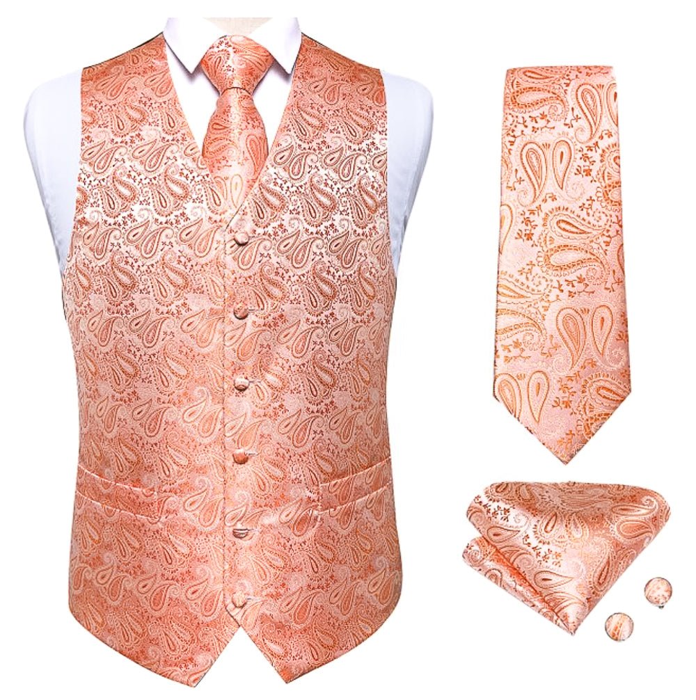 Peach Paisley Waistcoat and Necktie Pocket Square Cufflink Vest Set- MJ-0108 - SimonVon Shop