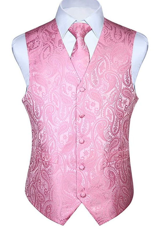 Pink Paisley Jacquard Silk Men's 4pc Waistcoat Vest Necktie Pocket Square Cufflinks Set- MJ-0026 - SimonVon Shop