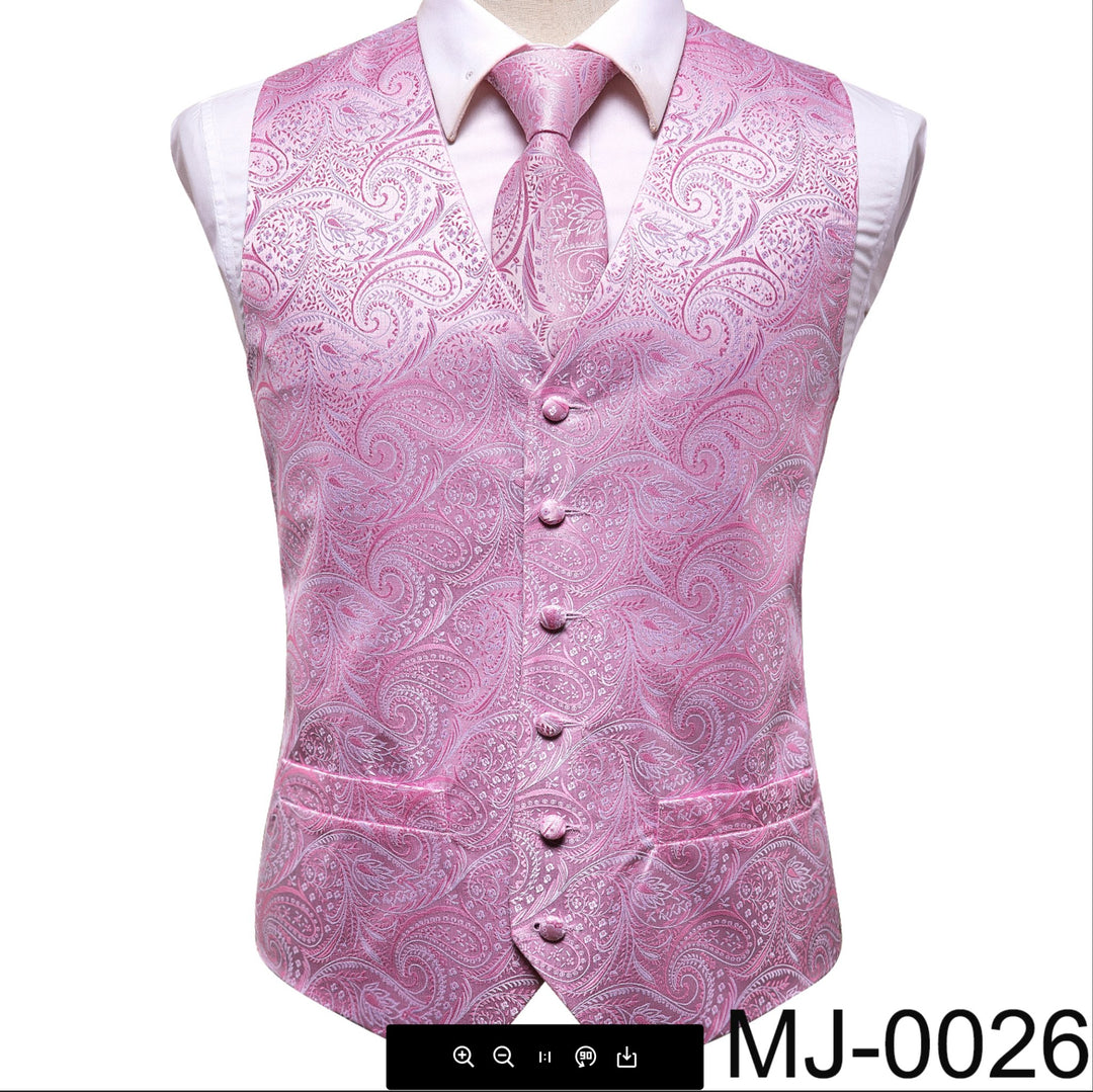 Pink Paisley Jacquard Silk Men's 4pc Waistcoat Vest Necktie Pocket Square Cufflinks Set- MJ-0026 - SimonVon Shop