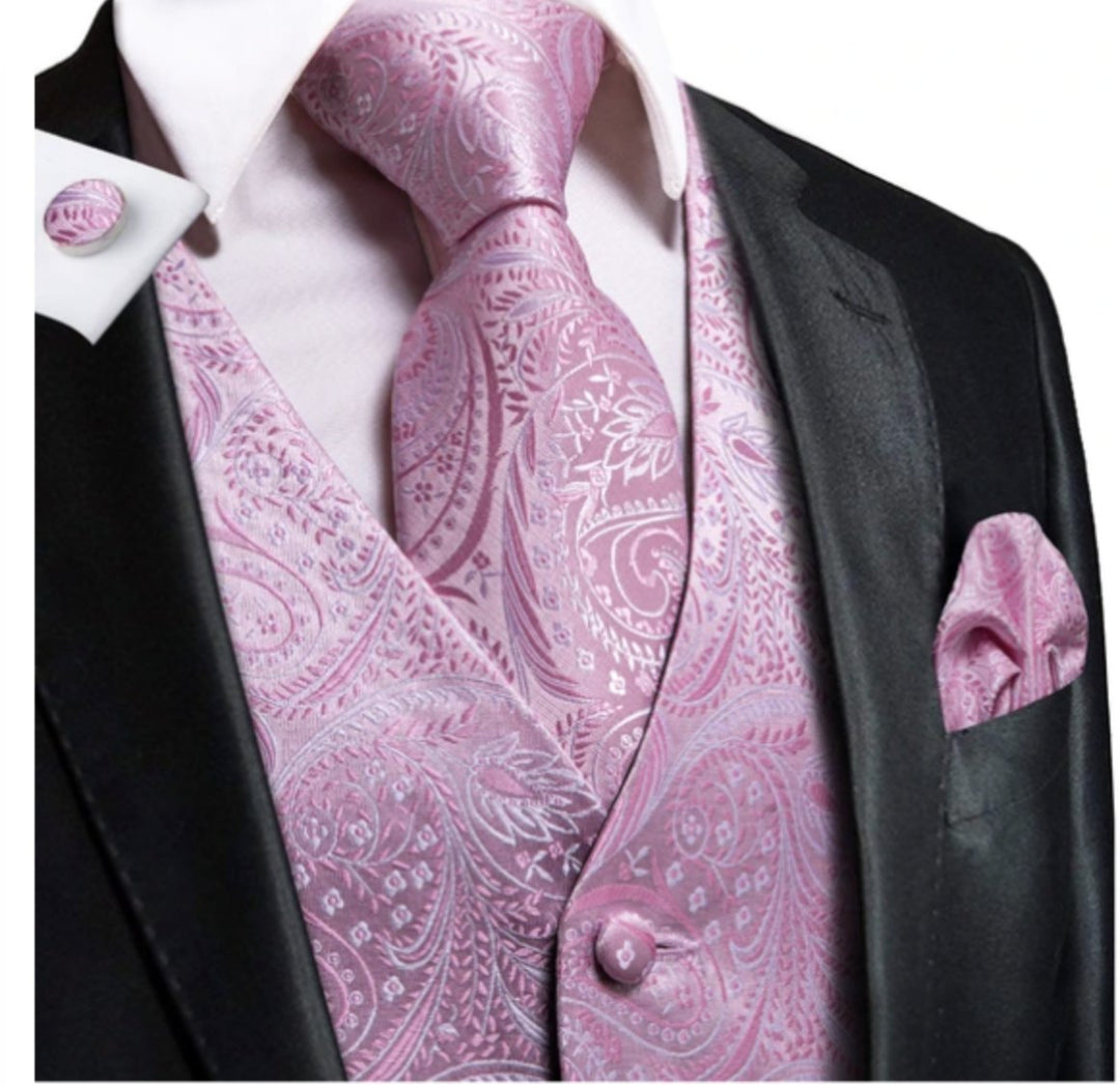 Pink Paisley Jacquard Silk Men's 4pc Waistcoat Vest Necktie Pocket Square Cufflinks Set- MJ-0026 - SimonVon Shop