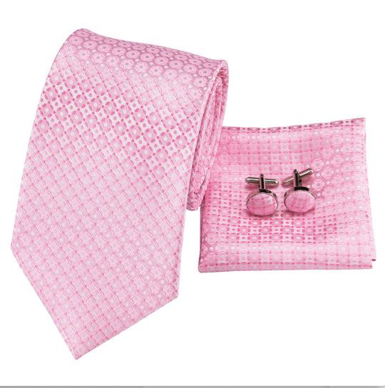 Pink Plaid Men's Tie Pocket Square Cufflinks Set- N-3117 - SimonVon Shop