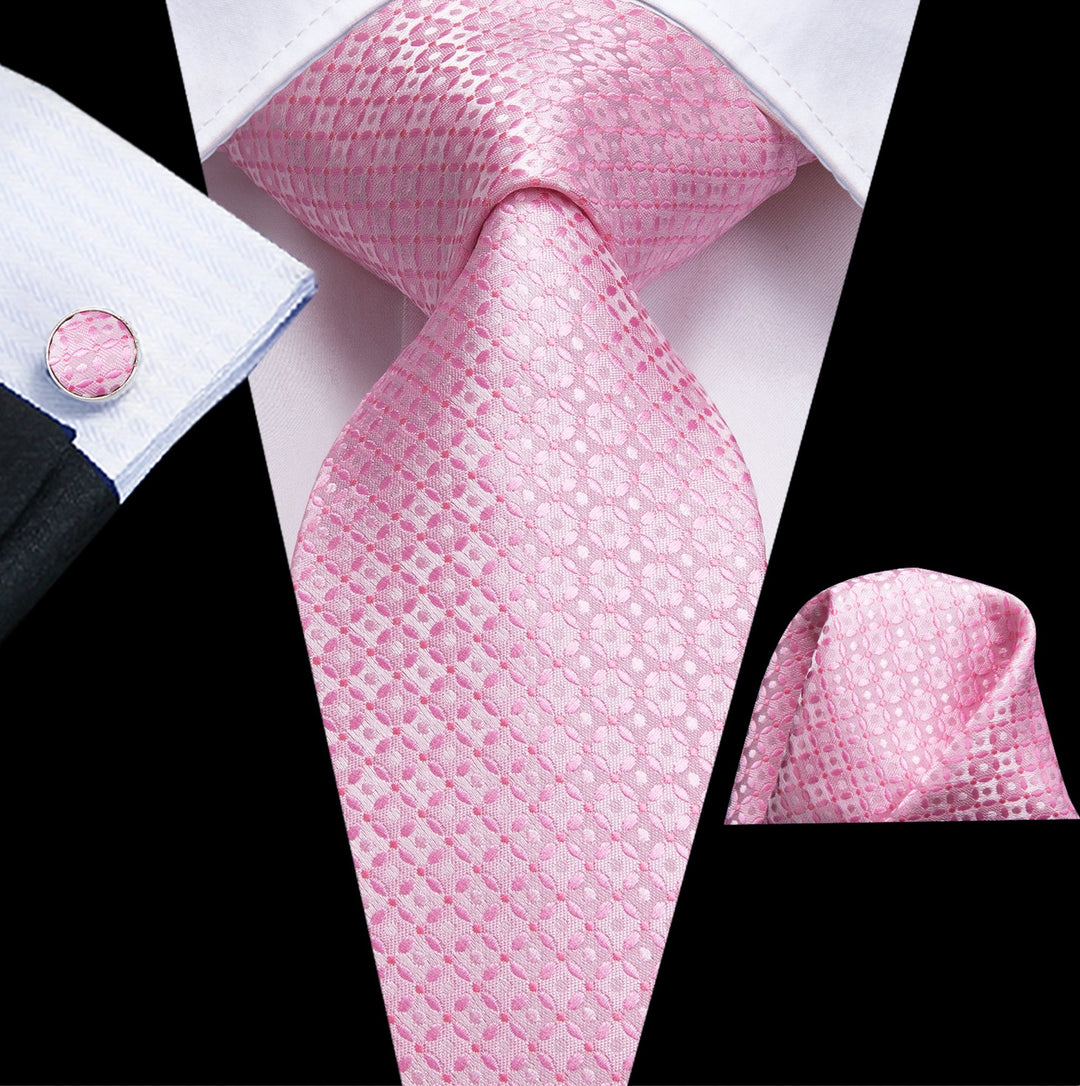 Pink Plaid Men's Tie Pocket Square Cufflinks Set- N-3117 - SimonVon Shop