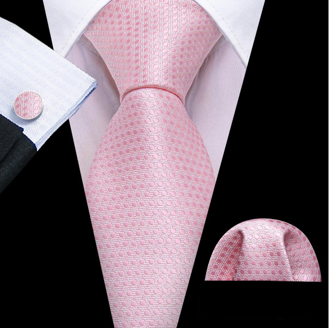 Pink Polka Dot Silk Necktie Pocket Square Cufflinks Set-N-6493 - SimonVon Shop