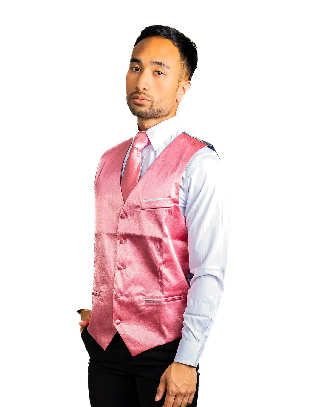 Pink Solid Satin Waistcoat Vest Tie Handkerchief Cufflinks Set-MJ-0643 - SimonVon Shop