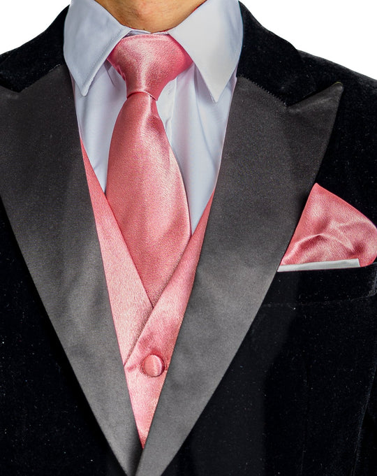 Pink Solid Satin Waistcoat Vest Tie Handkerchief Cufflinks Set-MJ-0643 - SimonVon Shop