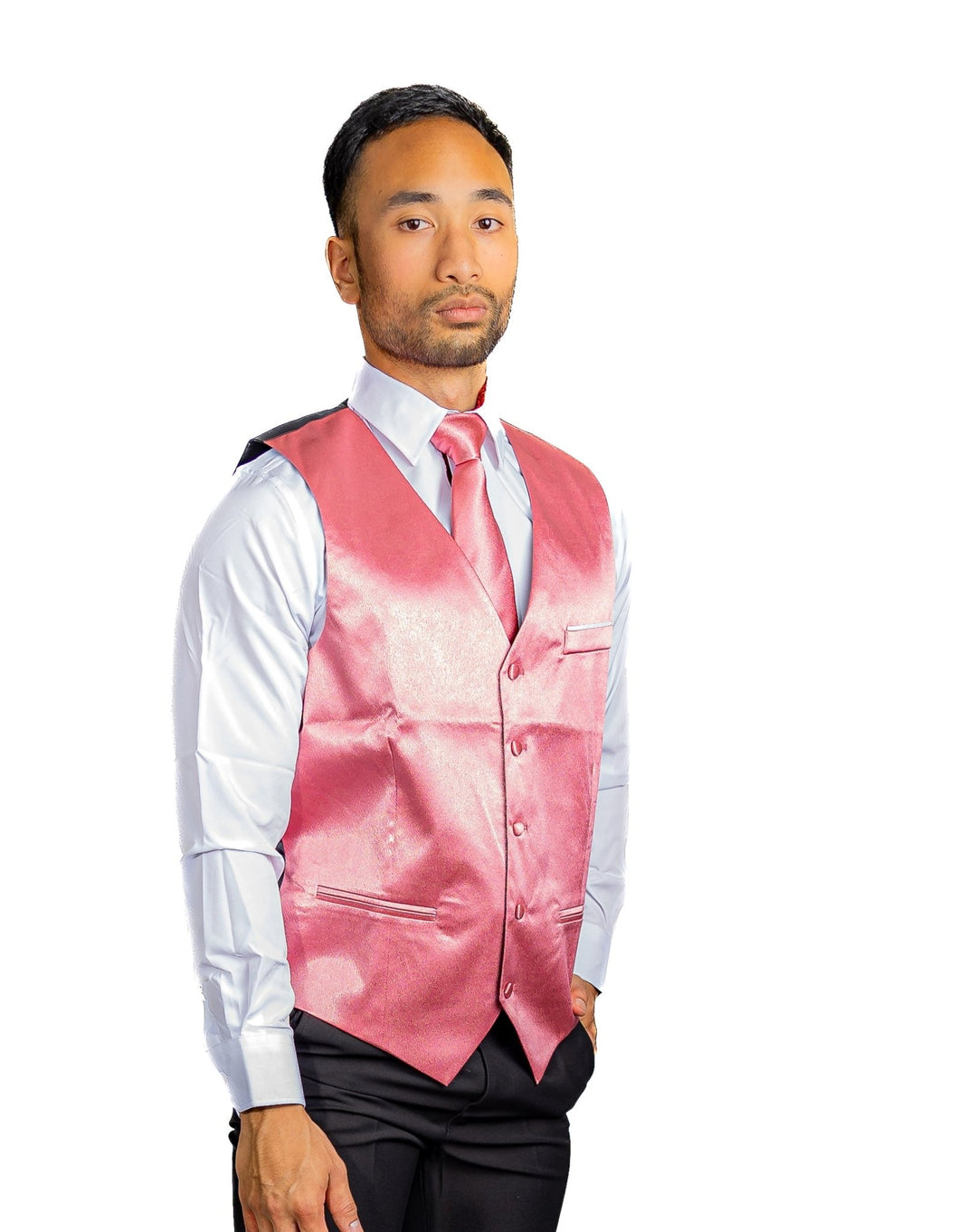 Pink Solid Satin Waistcoat Vest Tie Handkerchief Cufflinks Set-MJ-0643 - SimonVon Shop