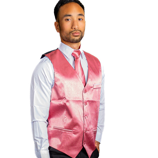 Pink Solid Satin Waistcoat Vest Tie Handkerchief Cufflinks Set-MJ-0643 - SimonVon Shop