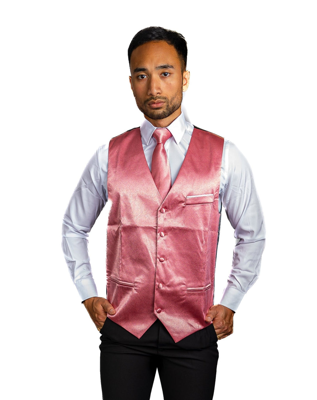Pink Solid Satin Waistcoat Vest Tie Handkerchief Cufflinks Set-MJ-0643 - SimonVon Shop
