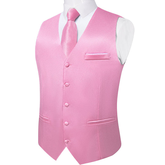 Pink Solid Satin Waistcoat Vest Tie Handkerchief Cufflinks Set-MJ-0643 - SimonVon Shop