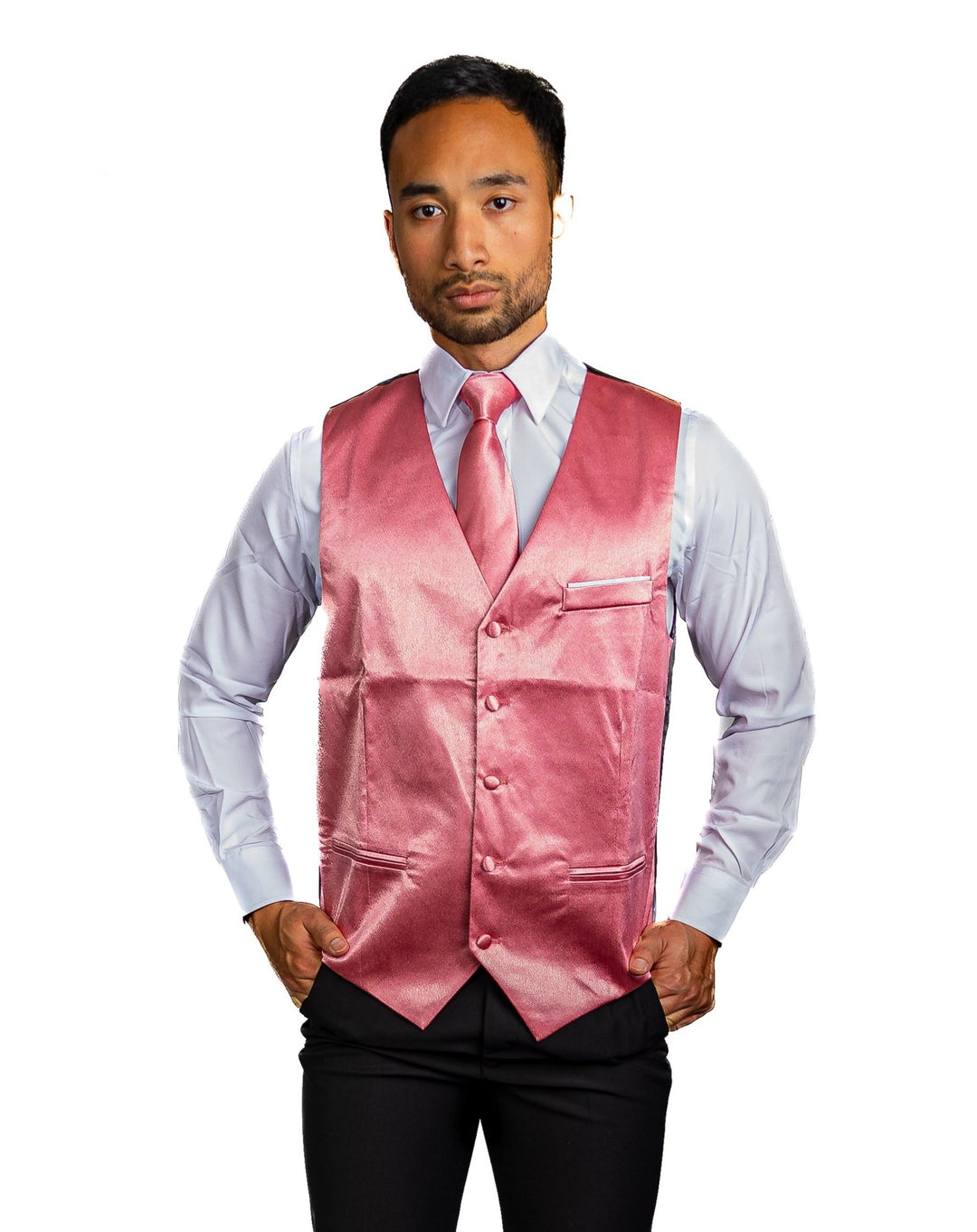 Pink Solid Satin Waistcoat Vest Tie Handkerchief Cufflinks Set-MJ-0643 - SimonVon Shop
