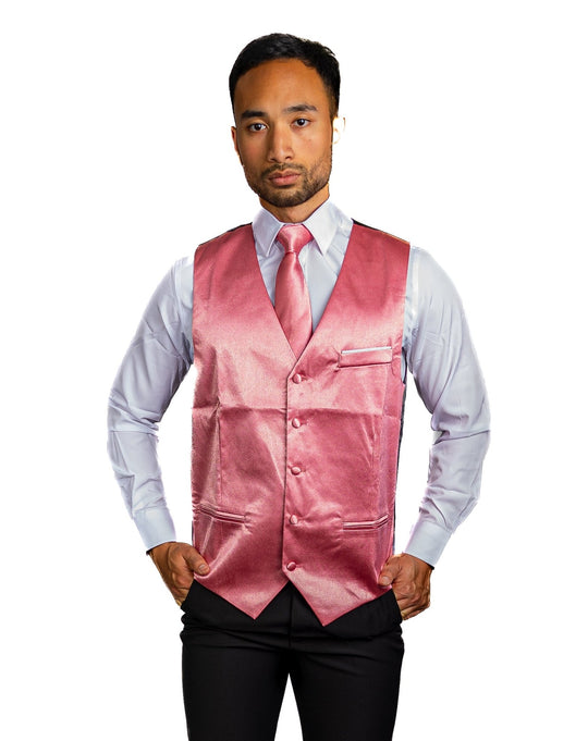 Pink Solid Satin Waistcoat Vest Tie Handkerchief Cufflinks Set-MJ-0643 - SimonVon Shop
