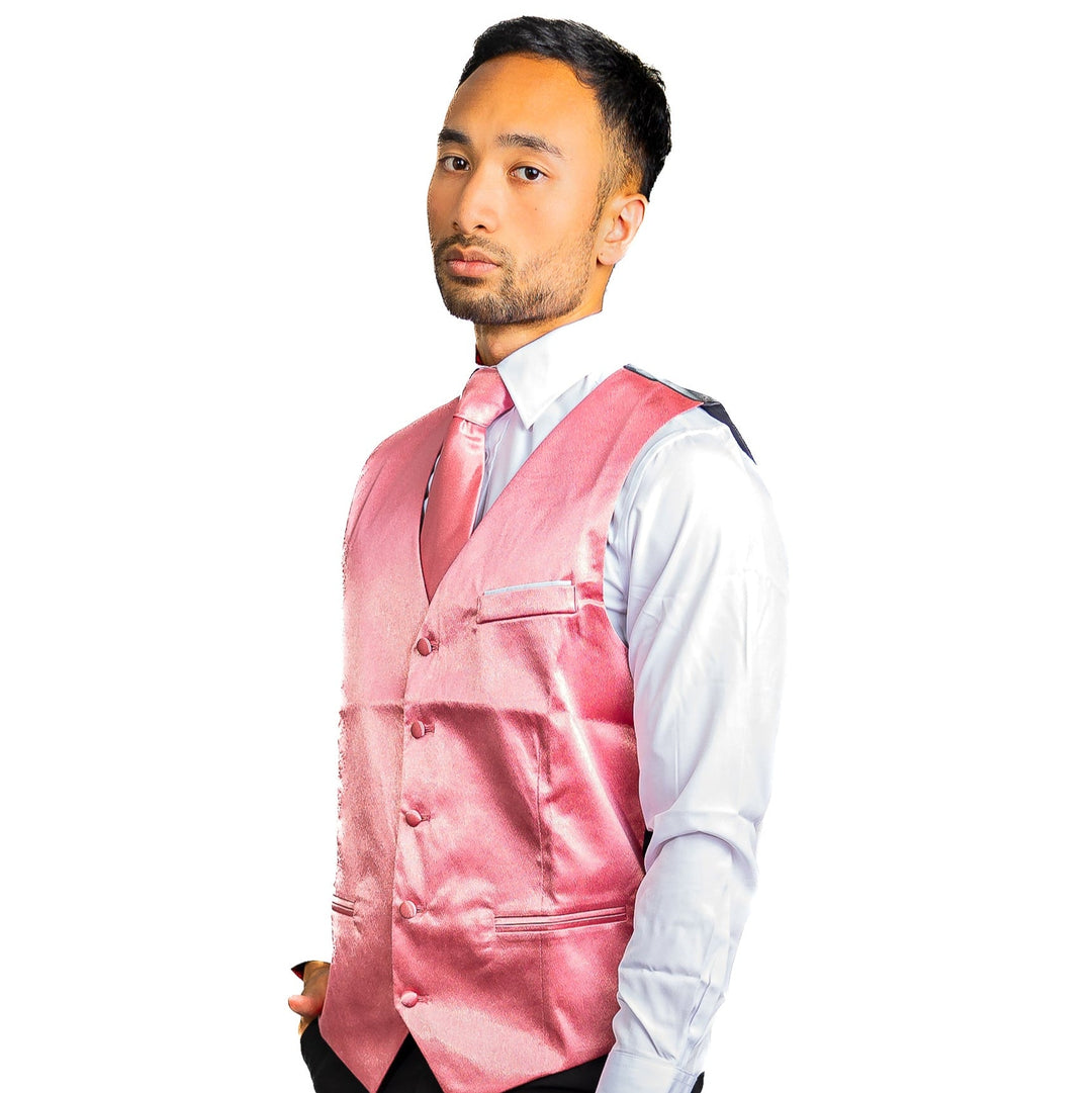 Pink Solid Satin Waistcoat Vest Tie Handkerchief Cufflinks Set-MJ-0643 - SimonVon Shop