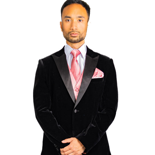 Pink Solid Satin Waistcoat Vest Tie Handkerchief Cufflinks Set-MJ-0643 - SimonVon Shop