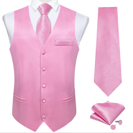 Pink Solid Satin Waistcoat Vest Tie Handkerchief Cufflinks Set-MJ-0643 - SimonVon Shop