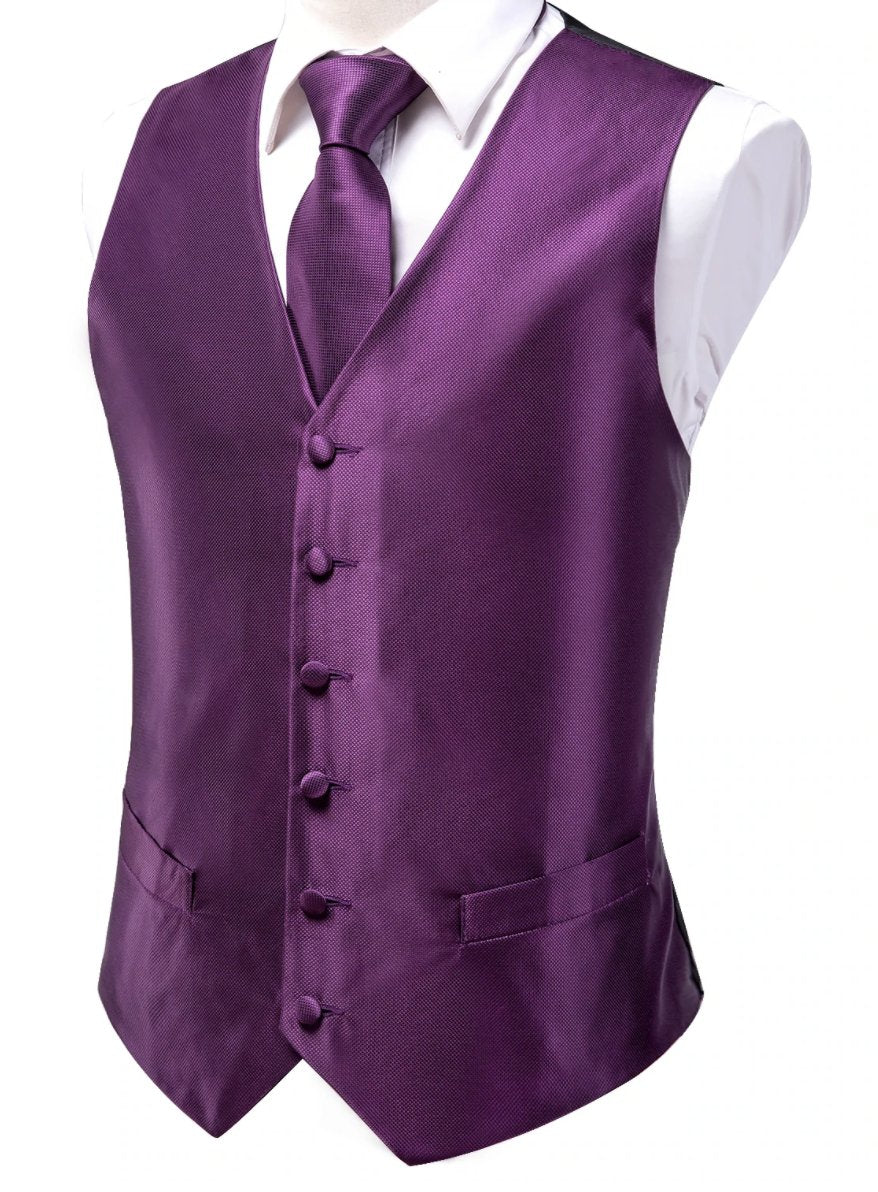 Plum Purple Plaid Silk Paisley Men's 4pc Waistcoat Vest Necktie Pocket Square Cufflinks Set-MJ-2031 - SimonVon Shop