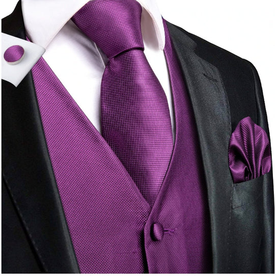 Plum Purple Plaid Silk Paisley Men's 4pc Waistcoat Vest Necktie Pocket Square Cufflinks Set-MJ-2031 - SimonVon Shop