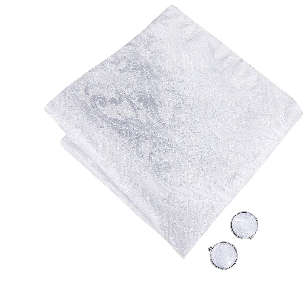 Pure White Paisley Silk Bow Tie Pocket Square Cufflinks Set-LH-7034 - SimonVon Shop