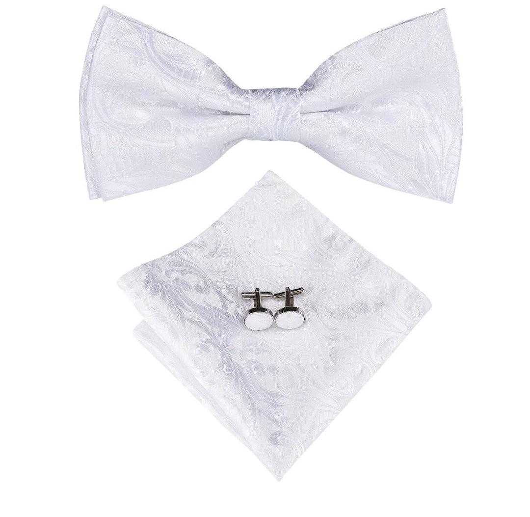 Pure White Paisley Silk Bow Tie Pocket Square Cufflinks Set-LH-7034 - SimonVon Shop
