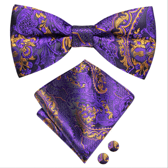 Purple Gold Silk Bowtie Pocket Square Cufflinks Set- LH-0584 - SimonVon Shop