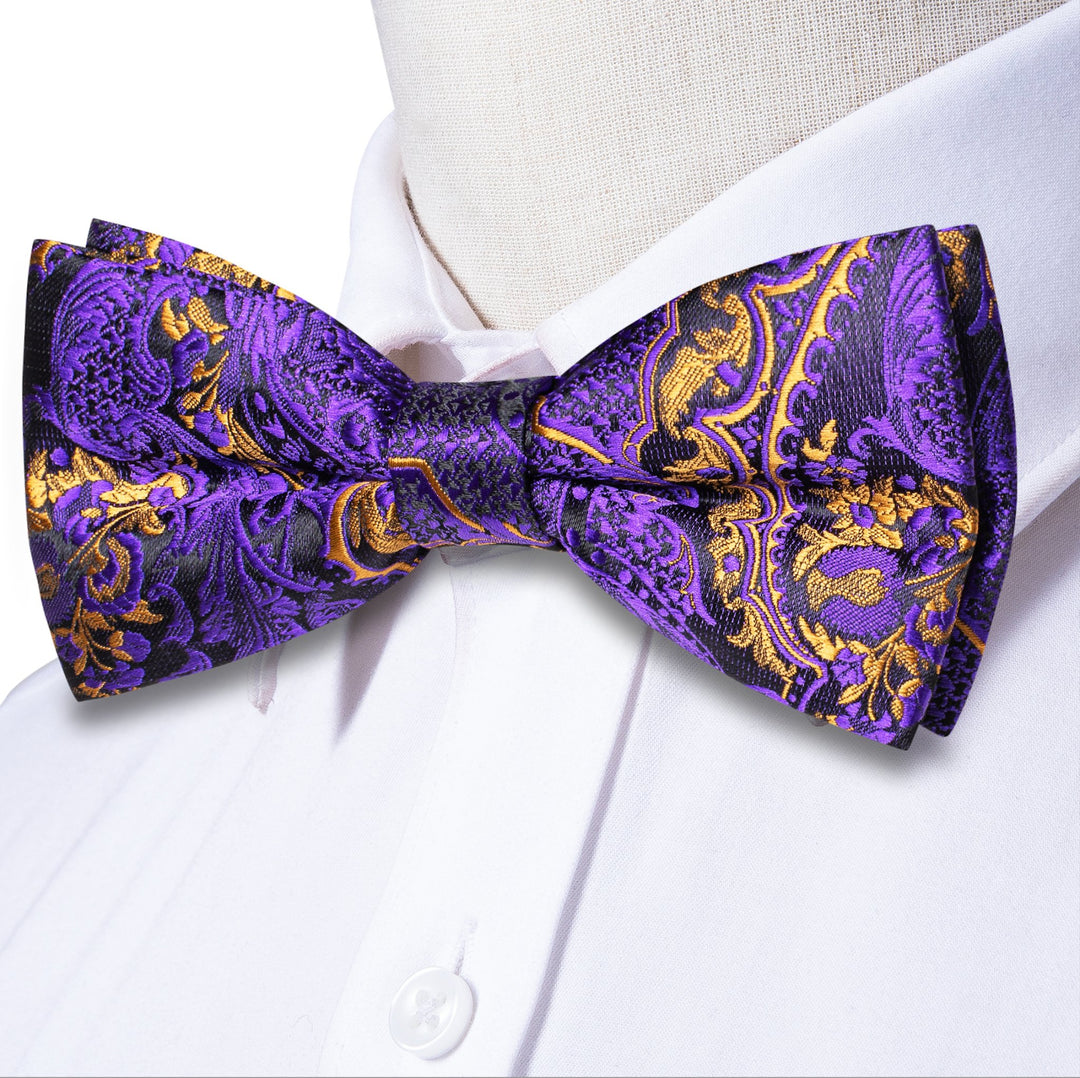 Purple Gold Silk Bowtie Pocket Square Cufflinks Set- LH-0584 - SimonVon Shop