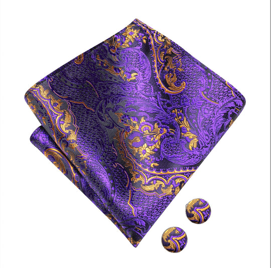Purple Gold Silk Bowtie Pocket Square Cufflinks Set- LH-0584 - SimonVon Shop