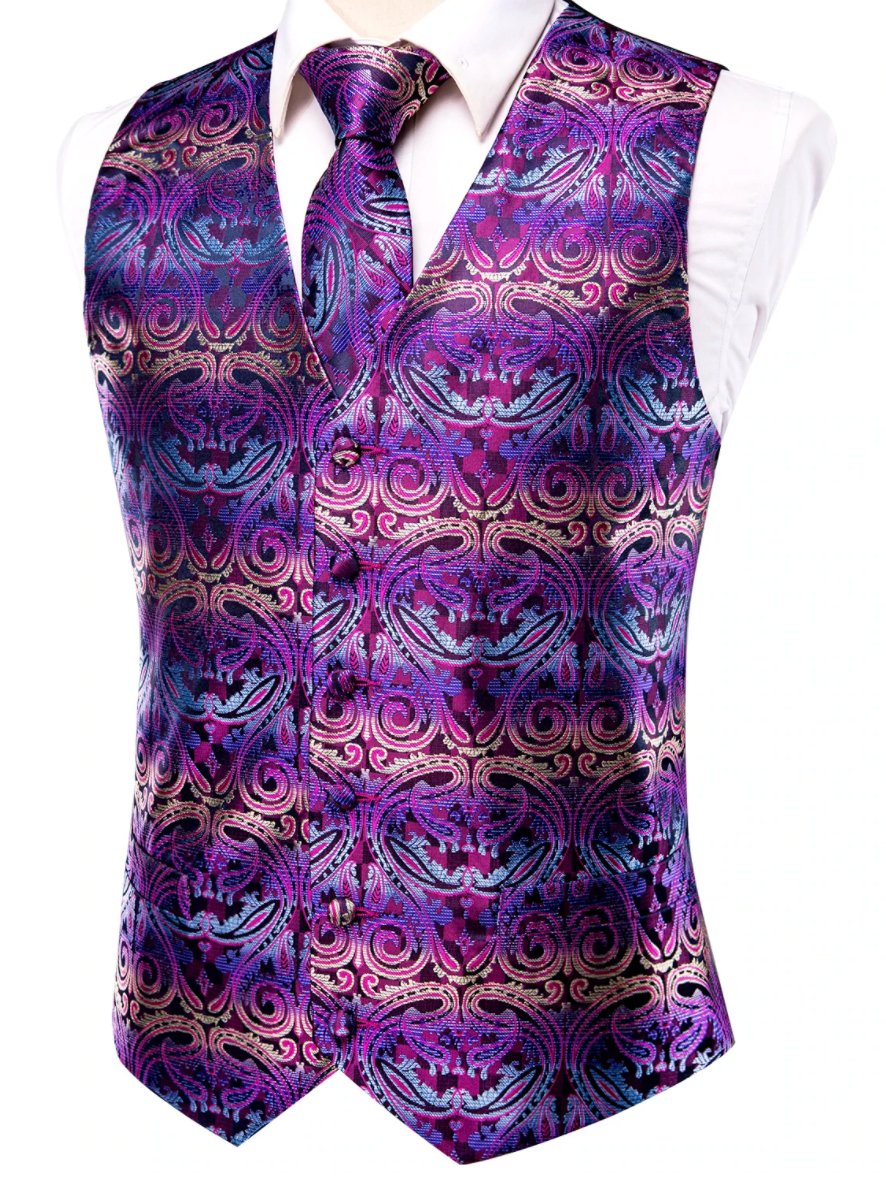 Purple Paisley Novelty Silk Waistcoat and Necktie Pocket Square Cufflink Vest Set-MJ-0027 - SimonVon Shop
