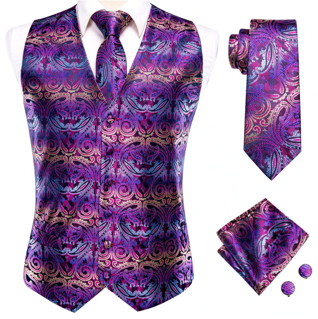 Purple Paisley Novelty Silk Waistcoat and Necktie Pocket Square Cufflink Vest Set-MJ-0027 - SimonVon Shop