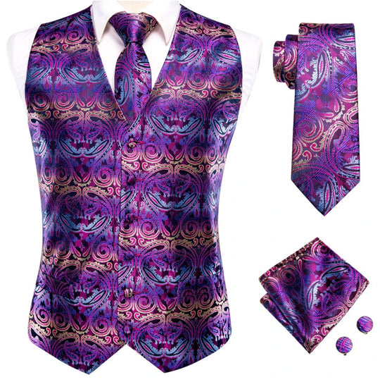 Purple Paisley Novelty Silk Waistcoat and Necktie Pocket Square Cufflink Vest Set-MJ-0027 - SimonVon Shop
