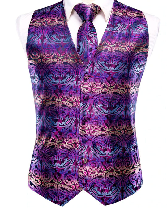 Purple Paisley Novelty Silk Waistcoat and Necktie Pocket Square Cufflink Vest Set-MJ-0027 - SimonVon Shop