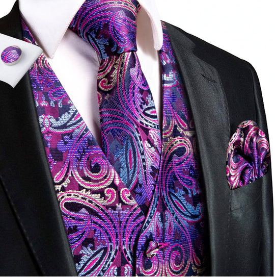 Purple Paisley Novelty Silk Waistcoat and Necktie Pocket Square Cufflink Vest Set-MJ-0027 - SimonVon Shop