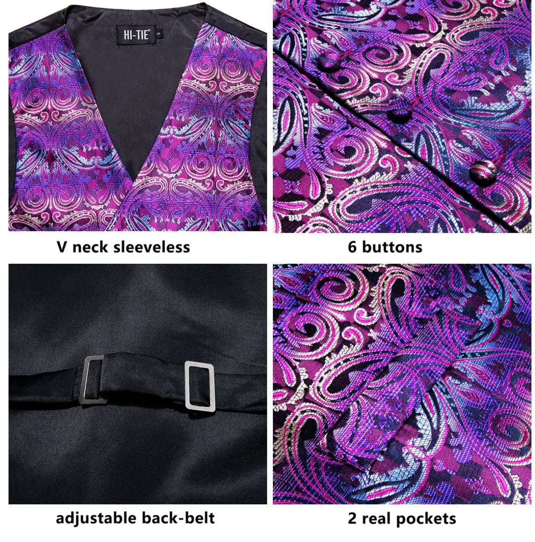 Purple Paisley Novelty Silk Waistcoat and Necktie Pocket Square Cufflink Vest Set-MJ-0027 - SimonVon Shop