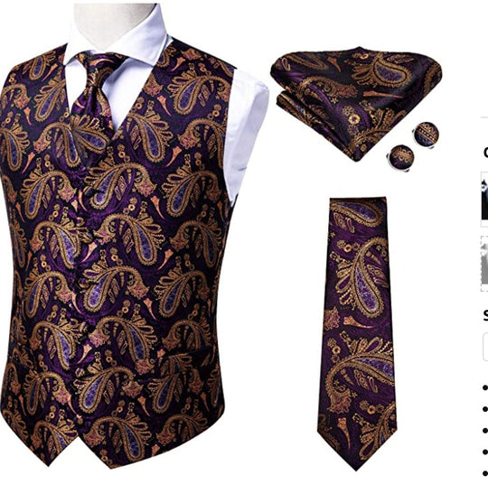 Purple Paisley Waistcoat and Necktie Pocket Square Cufflink Vest Set- MJ-0016 - SimonVon Shop