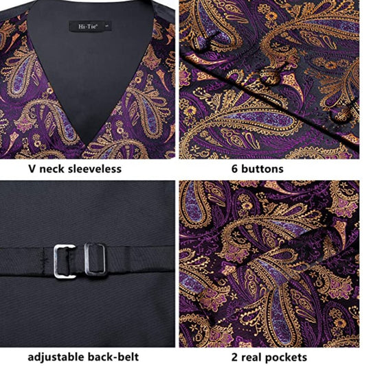 Purple Paisley Waistcoat and Necktie Pocket Square Cufflink Vest Set- MJ-0016 - SimonVon Shop