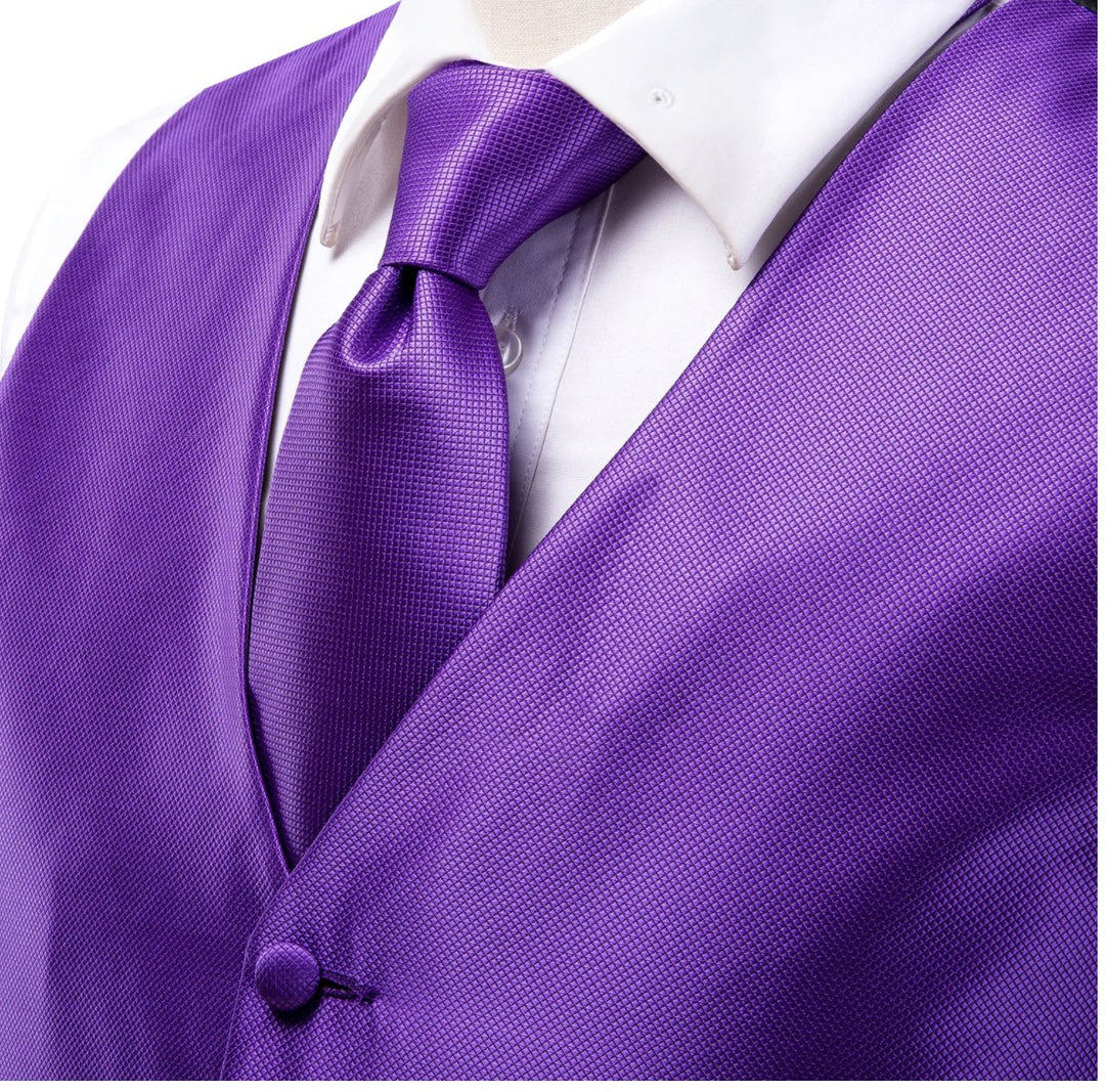 Purple Plaid Silk Paisley Men's 4pc Waistcoat Vest Necktie Pocket Square Cufflinks Set- MJ-2032 - SimonVon Shop