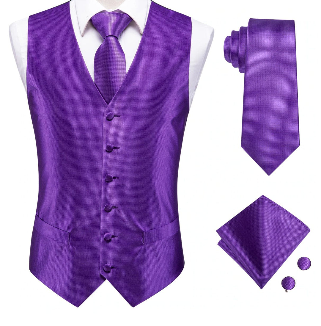 Purple Plaid Silk Paisley Men's 4pc Waistcoat Vest Necktie Pocket Square Cufflinks Set- MJ-2032 - SimonVon Shop