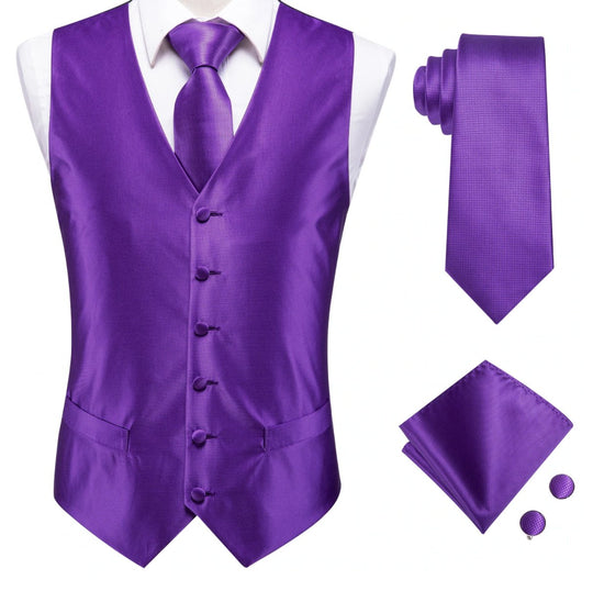 Purple Plaid Silk Paisley Men's 4pc Waistcoat Vest Necktie Pocket Square Cufflinks Set- MJ-2032 - SimonVon Shop